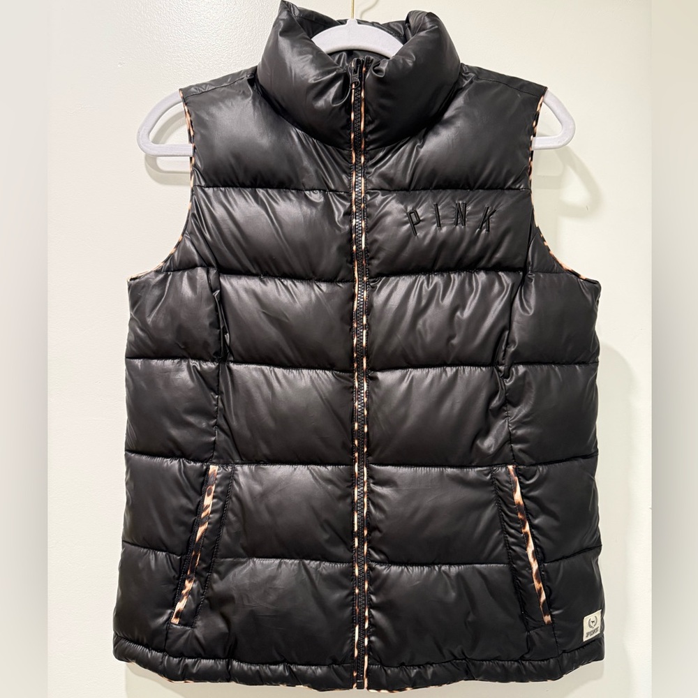 Victoria’s Secret PINK Black Puffer Vest w/Leopard Print Trim Size Small EUC